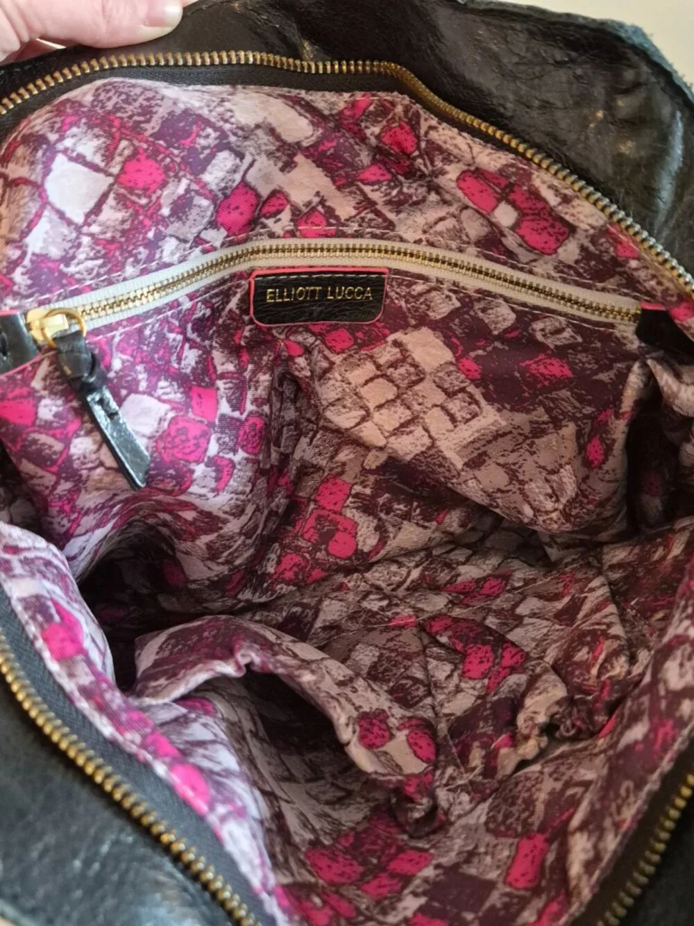 Elliott Lucca Black Genuine Leather Satchel Gold Turn Lock Handbag Purse